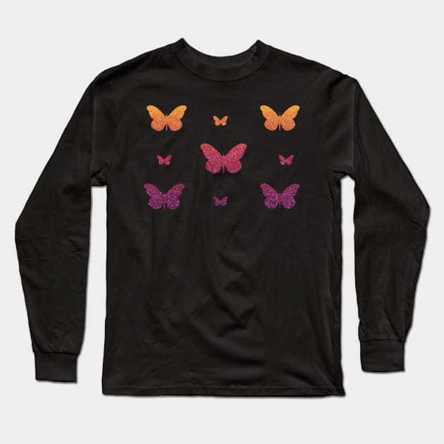 Deep Purple Red Orange Ombre Faux Glitter Butterflies Long Sleeve T-Shirt by Felicity-K